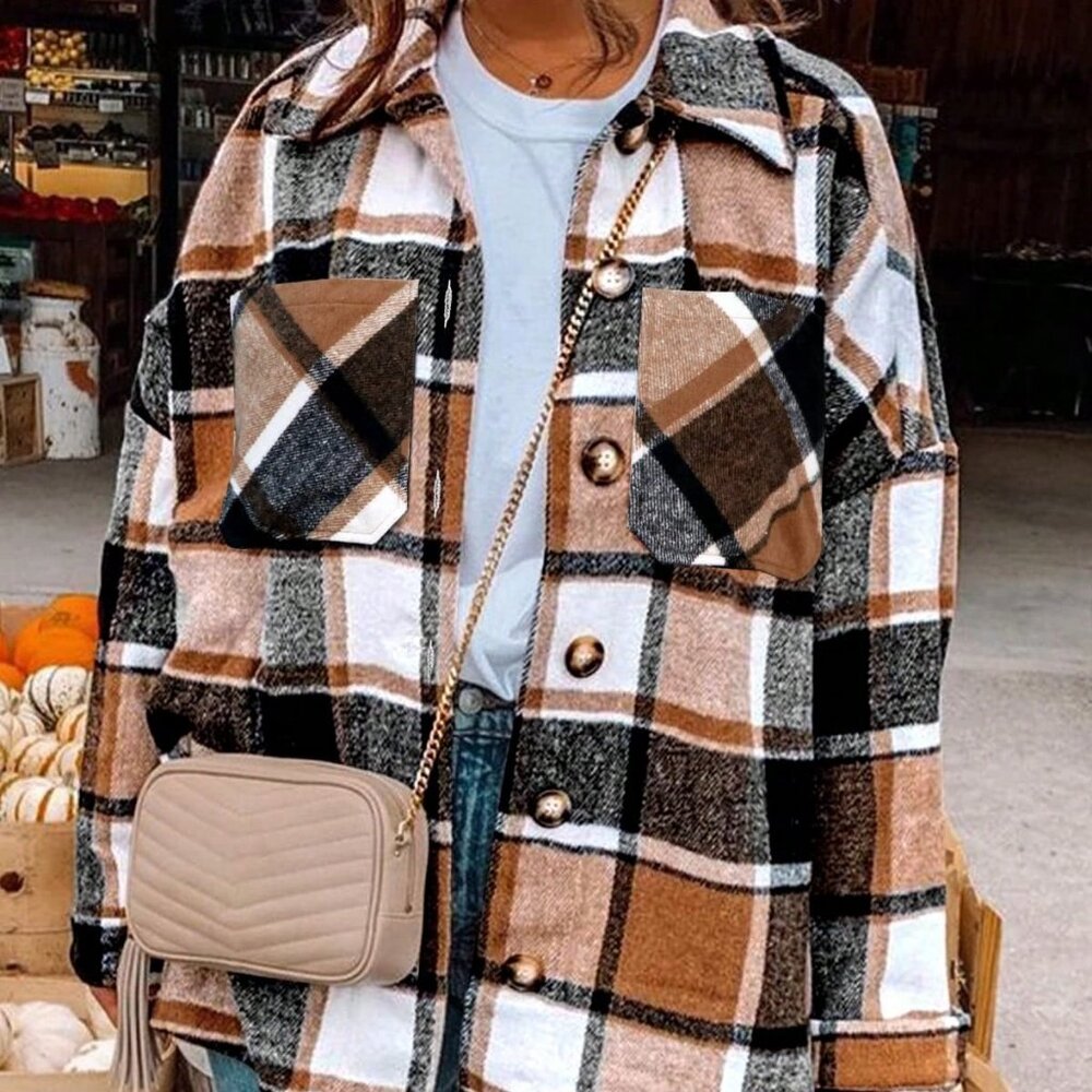 Elegant Women's Cropped Plaid Shacket Flannel Long Sleeve Button Down Jacket - Picture 2 of 5